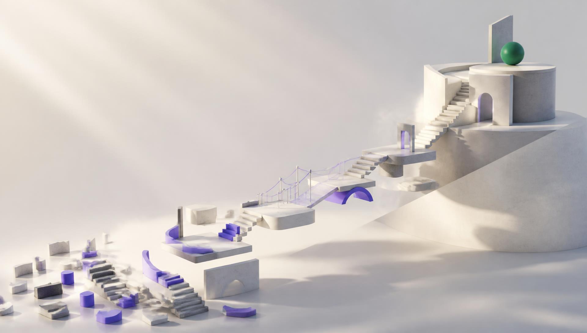 Абстрактная 3D-иллюстрация: путь от фрагментированных модулей через мосты и платформы к цельной устойчивой структуре и зелёной точке результата